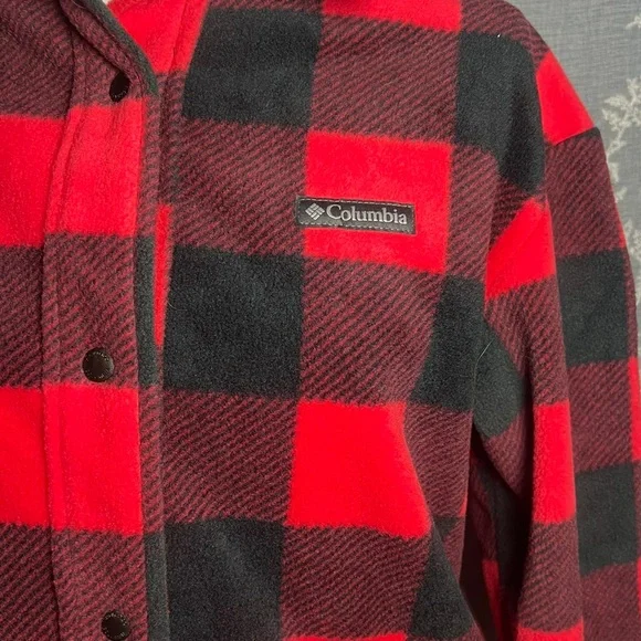 Columbia Red Black Buffalo Plaid Fleece Jacket Button Front Cozy Cabin Core - Picture 3 of 10